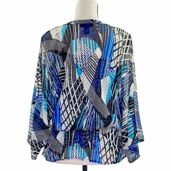 ALFANI Multi-Tone Blue Mixed Media Smocked Waist Poncho Kimono Blouse - Picture 2 of 10